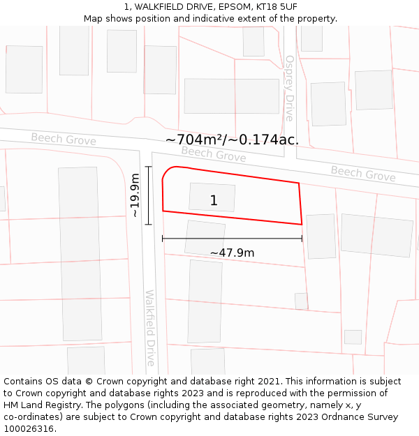 1, WALKFIELD DRIVE, EPSOM, KT18 5UF: Plot and title map