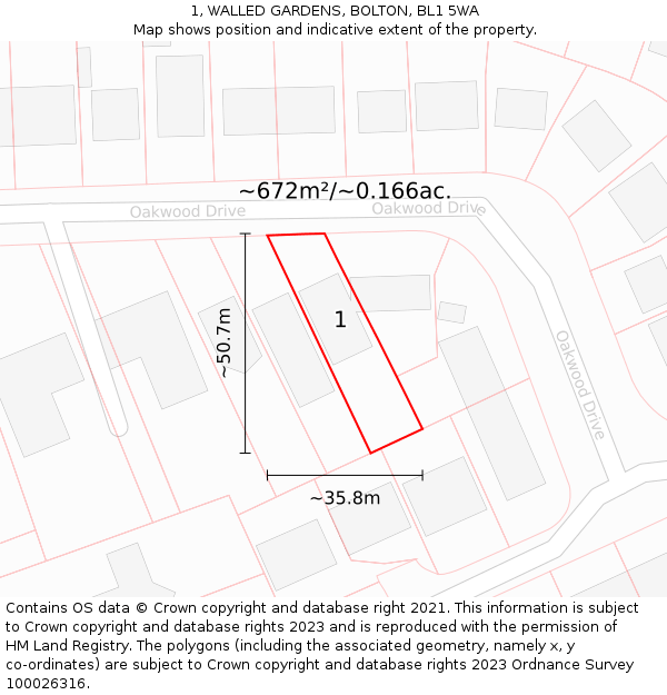 1, WALLED GARDENS, BOLTON, BL1 5WA: Plot and title map