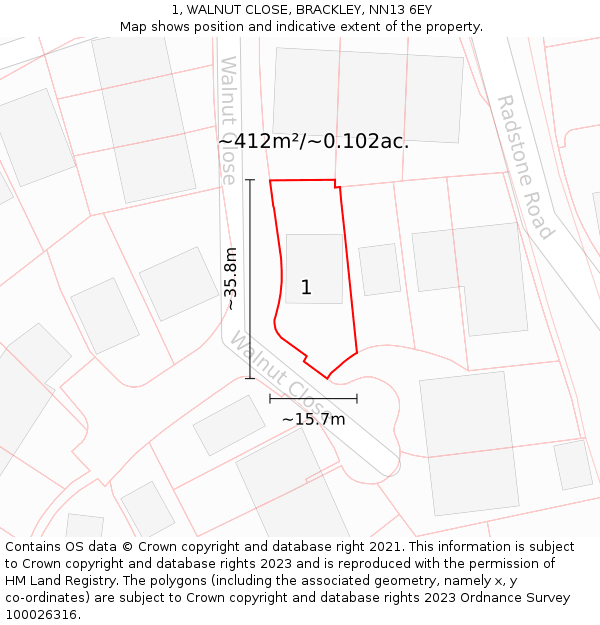 1, WALNUT CLOSE, BRACKLEY, NN13 6EY: Plot and title map