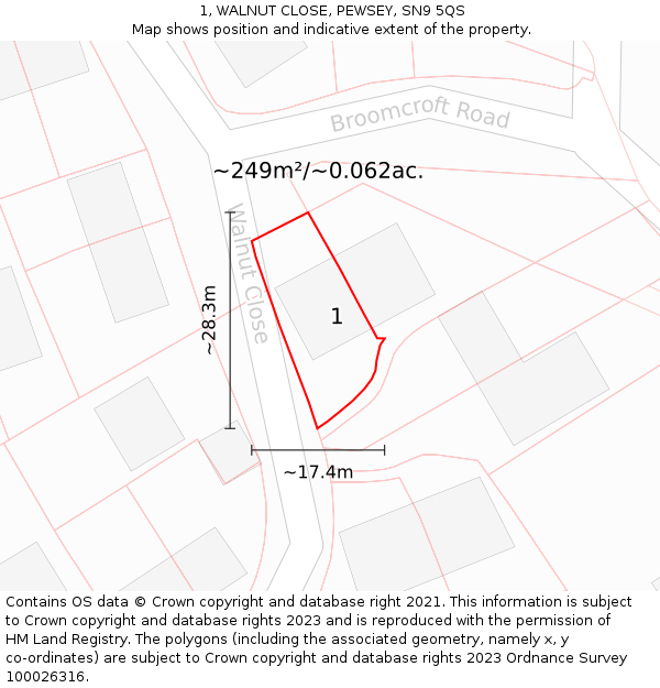 1, WALNUT CLOSE, PEWSEY, SN9 5QS: Plot and title map