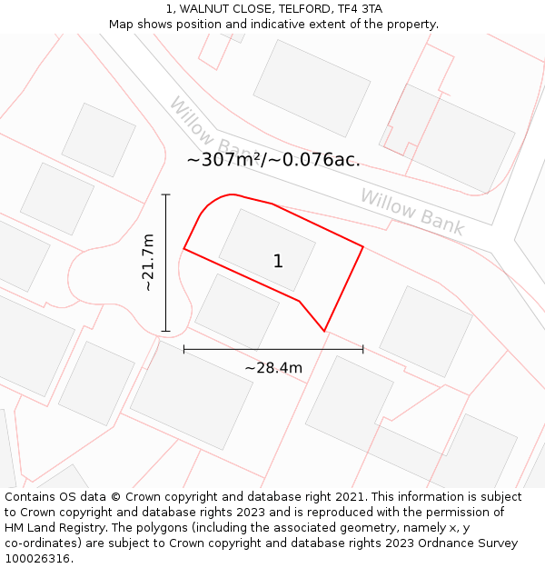 1, WALNUT CLOSE, TELFORD, TF4 3TA: Plot and title map