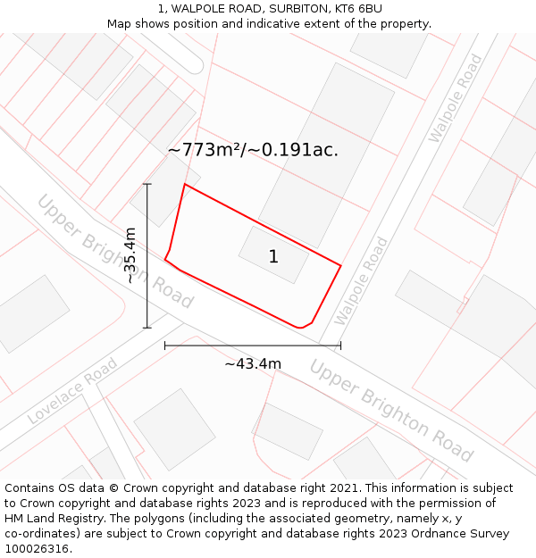 1, WALPOLE ROAD, SURBITON, KT6 6BU: Plot and title map