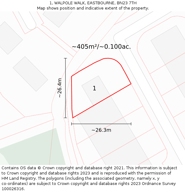 1, WALPOLE WALK, EASTBOURNE, BN23 7TH: Plot and title map