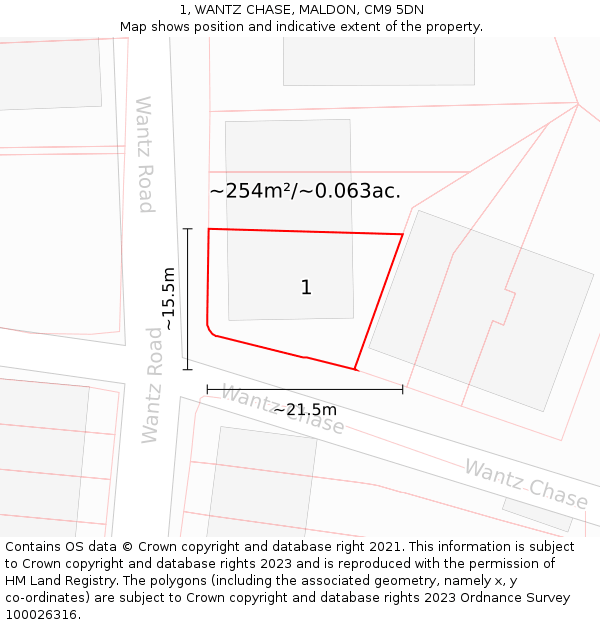 1, WANTZ CHASE, MALDON, CM9 5DN: Plot and title map