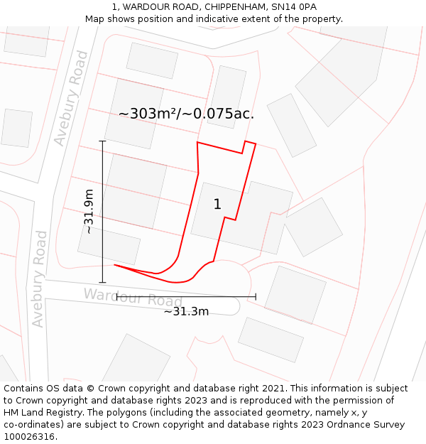 1, WARDOUR ROAD, CHIPPENHAM, SN14 0PA: Plot and title map