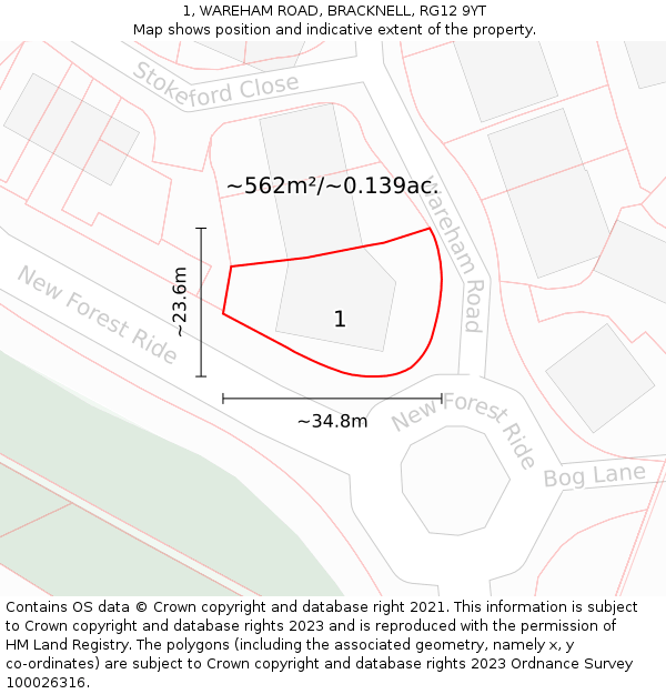 1, WAREHAM ROAD, BRACKNELL, RG12 9YT: Plot and title map