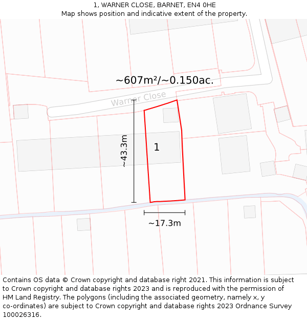 1, WARNER CLOSE, BARNET, EN4 0HE: Plot and title map