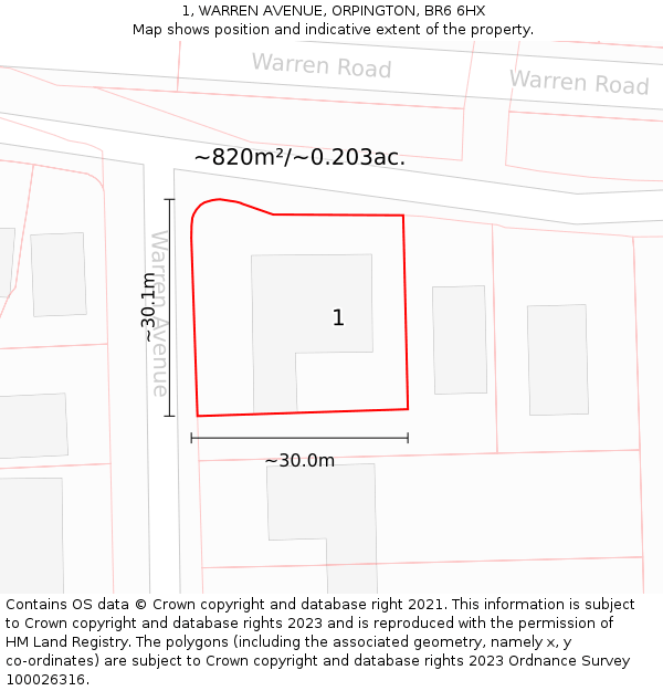 1, WARREN AVENUE, ORPINGTON, BR6 6HX: Plot and title map