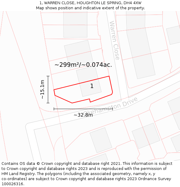 1, WARREN CLOSE, HOUGHTON LE SPRING, DH4 4XW: Plot and title map