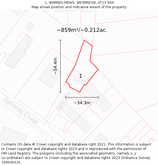 1, WARREN MEWS, WEYBRIDGE, KT13 9GX: Plot and title map