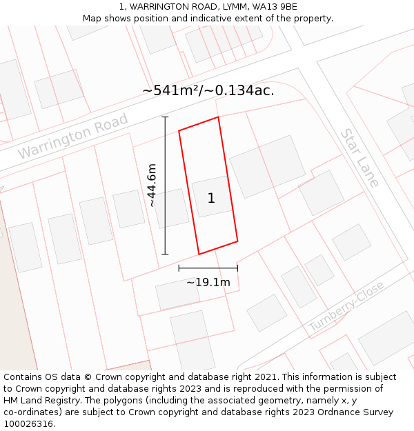1, WARRINGTON ROAD, LYMM, WA13 9BE: Plot and title map