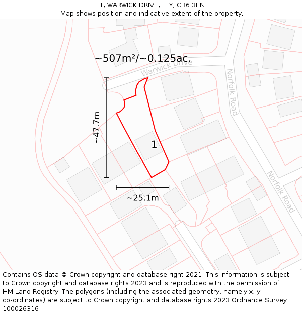 1, WARWICK DRIVE, ELY, CB6 3EN: Plot and title map