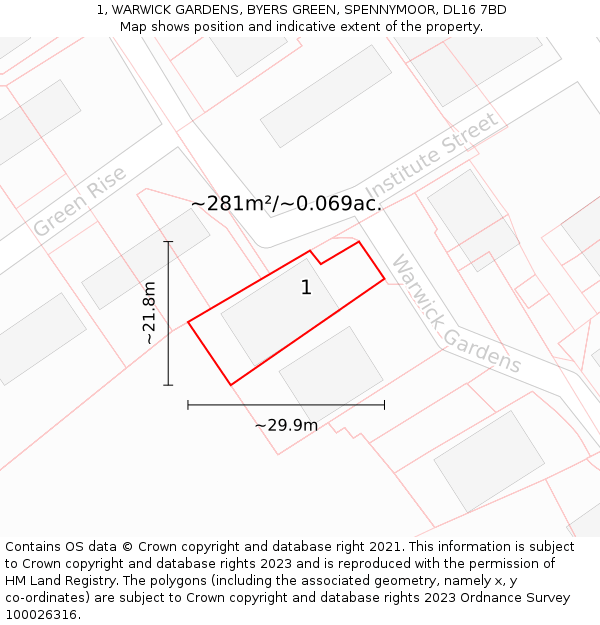 1, WARWICK GARDENS, BYERS GREEN, SPENNYMOOR, DL16 7BD: Plot and title map