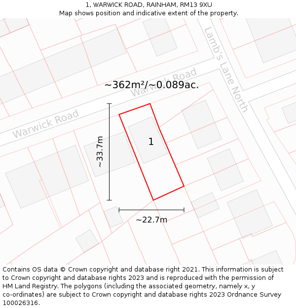 1, WARWICK ROAD, RAINHAM, RM13 9XU: Plot and title map