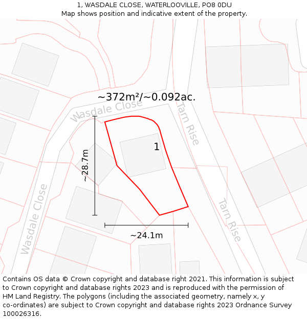 1, WASDALE CLOSE, WATERLOOVILLE, PO8 0DU: Plot and title map