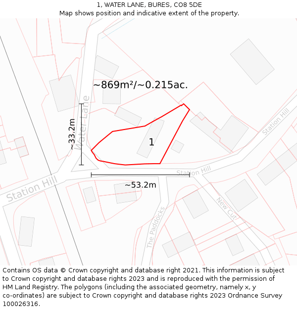 1, WATER LANE, BURES, CO8 5DE: Plot and title map