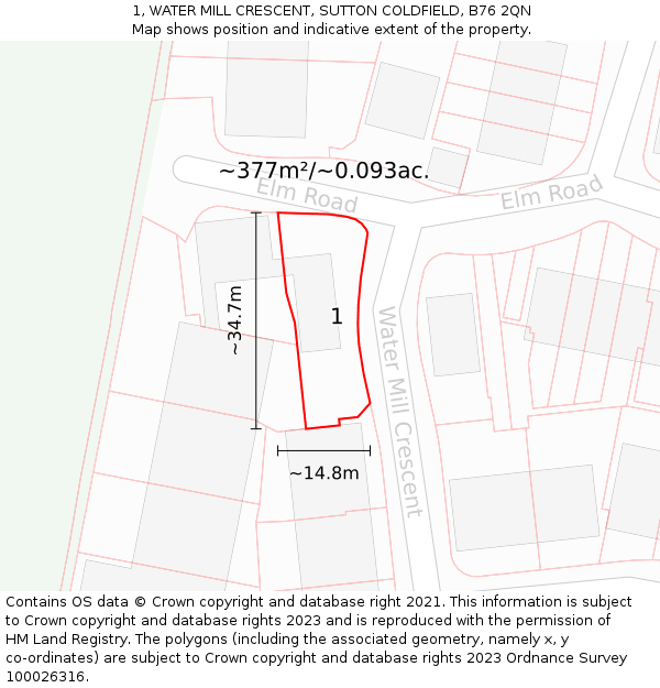 1, WATER MILL CRESCENT, SUTTON COLDFIELD, B76 2QN: Plot and title map