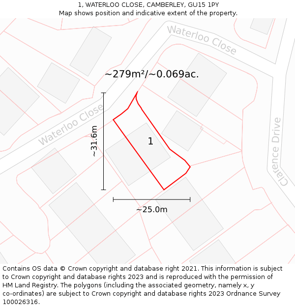 1, WATERLOO CLOSE, CAMBERLEY, GU15 1PY: Plot and title map