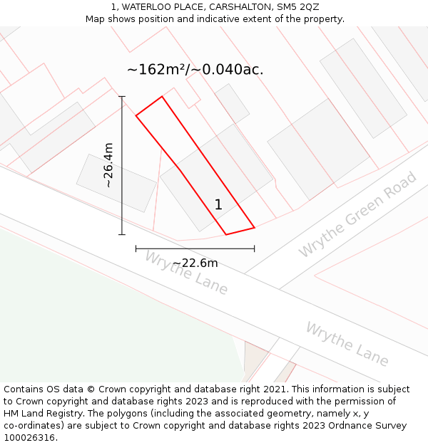 1, WATERLOO PLACE, CARSHALTON, SM5 2QZ: Plot and title map