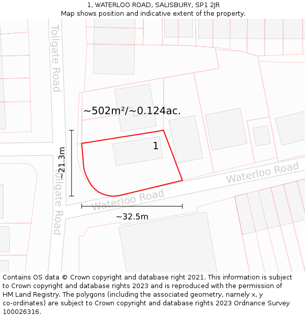 1, WATERLOO ROAD, SALISBURY, SP1 2JR: Plot and title map