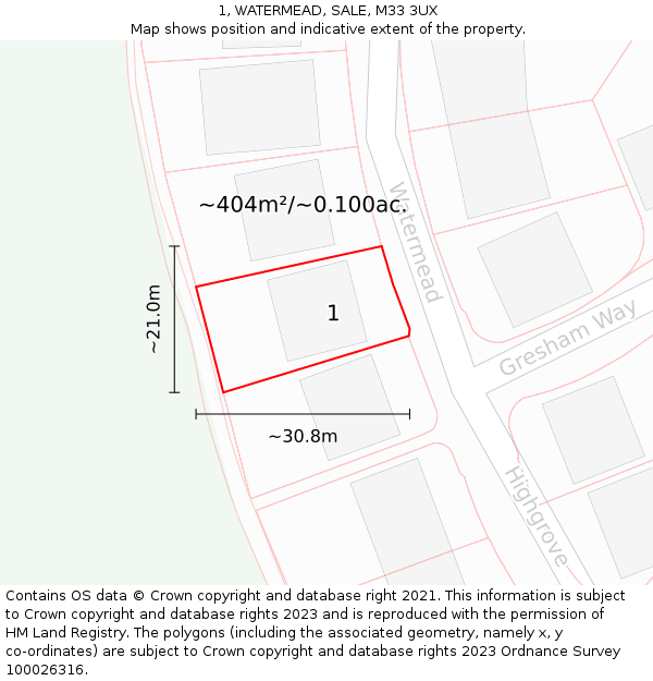 1, WATERMEAD, SALE, M33 3UX: Plot and title map