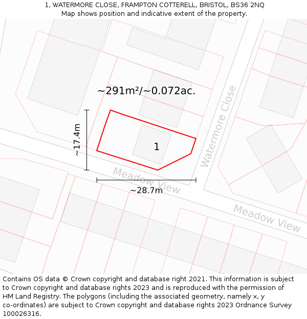 1, WATERMORE CLOSE, FRAMPTON COTTERELL, BRISTOL, BS36 2NQ: Plot and title map