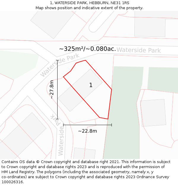 1, WATERSIDE PARK, HEBBURN, NE31 1RS: Plot and title map