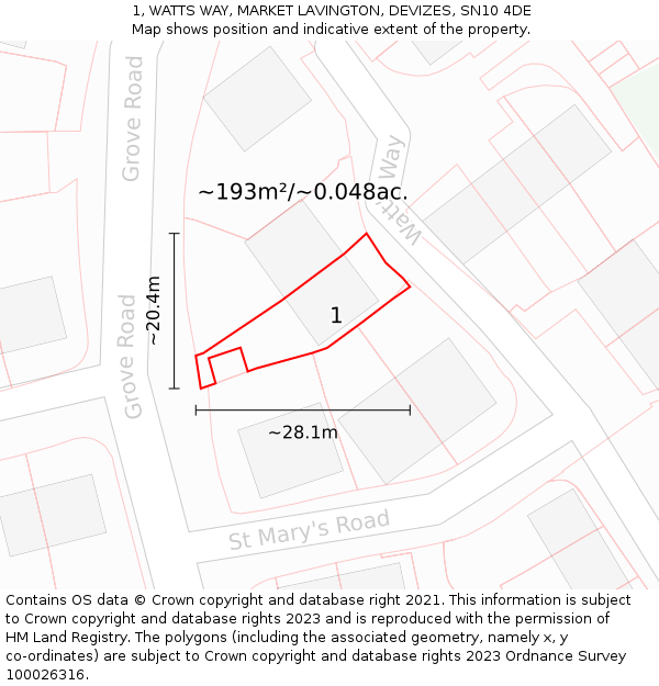 1, WATTS WAY, MARKET LAVINGTON, DEVIZES, SN10 4DE: Plot and title map