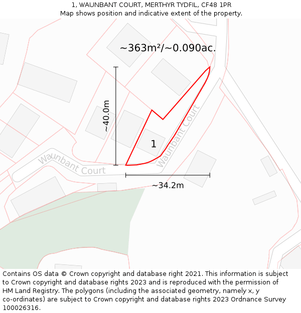 1, WAUNBANT COURT, MERTHYR TYDFIL, CF48 1PR: Plot and title map