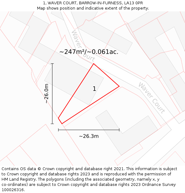 1, WAVER COURT, BARROW-IN-FURNESS, LA13 0PR: Plot and title map