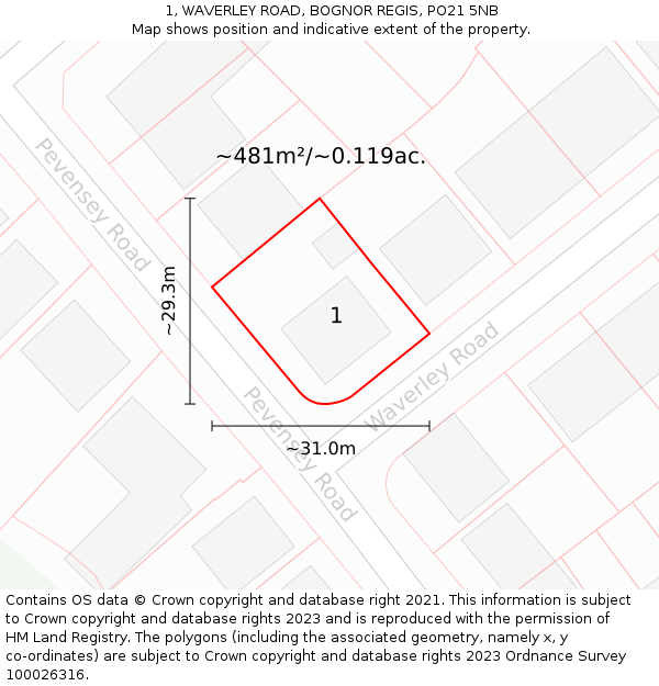 1, WAVERLEY ROAD, BOGNOR REGIS, PO21 5NB: Plot and title map