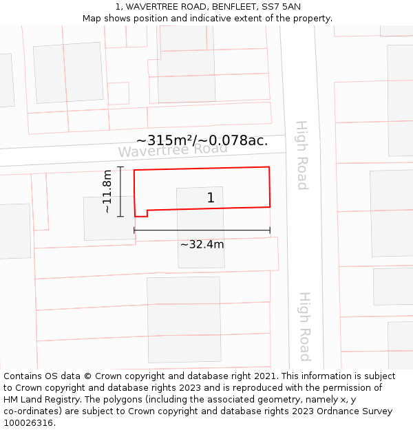 1, WAVERTREE ROAD, BENFLEET, SS7 5AN: Plot and title map