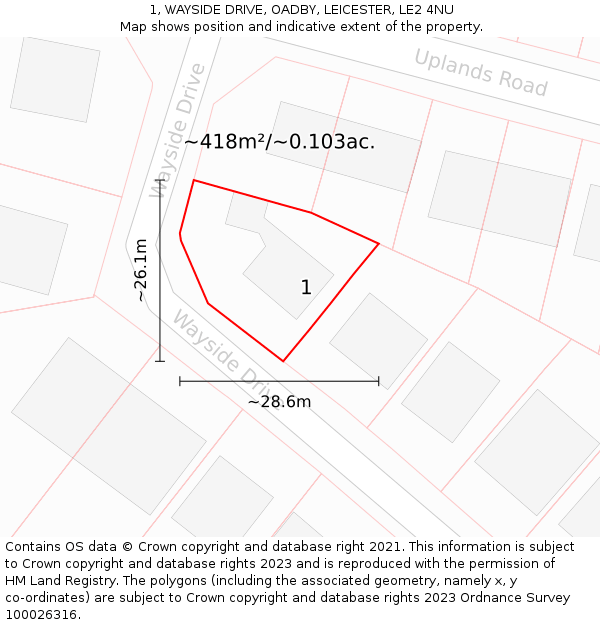 1, WAYSIDE DRIVE, OADBY, LEICESTER, LE2 4NU: Plot and title map