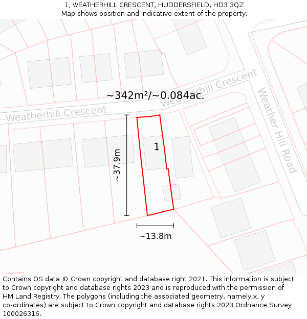 1, WEATHERHILL CRESCENT, HUDDERSFIELD, HD3 3QZ: Plot and title map