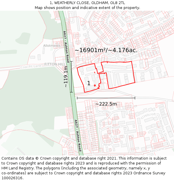 1, WEATHERLY CLOSE, OLDHAM, OL8 2TL: Plot and title map