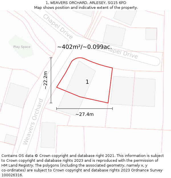 1, WEAVERS ORCHARD, ARLESEY, SG15 6PD: Plot and title map