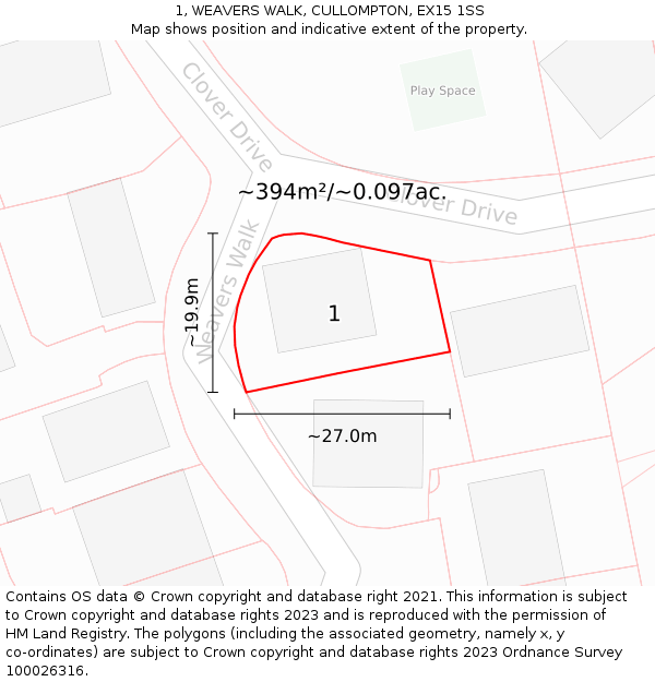 1, WEAVERS WALK, CULLOMPTON, EX15 1SS: Plot and title map