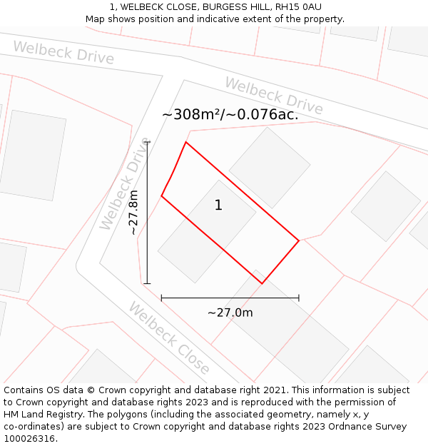 1, WELBECK CLOSE, BURGESS HILL, RH15 0AU: Plot and title map