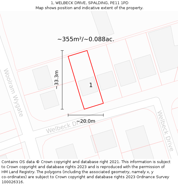 1, WELBECK DRIVE, SPALDING, PE11 1PD: Plot and title map