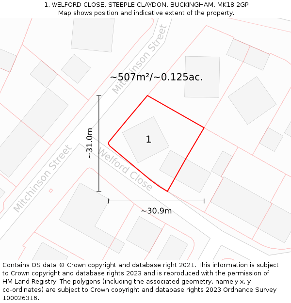 1, WELFORD CLOSE, STEEPLE CLAYDON, BUCKINGHAM, MK18 2GP: Plot and title map