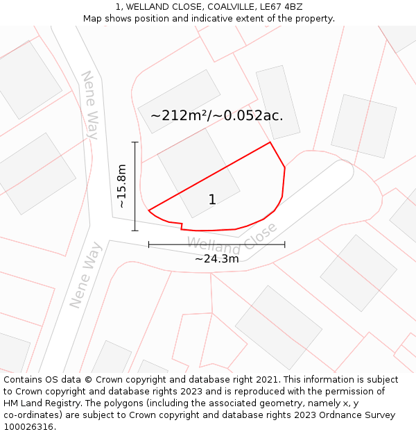 1, WELLAND CLOSE, COALVILLE, LE67 4BZ: Plot and title map