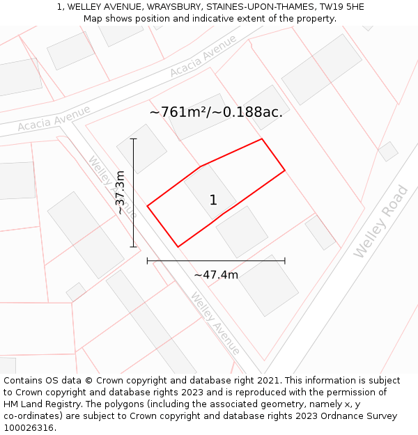 1, WELLEY AVENUE, WRAYSBURY, STAINES-UPON-THAMES, TW19 5HE: Plot and title map