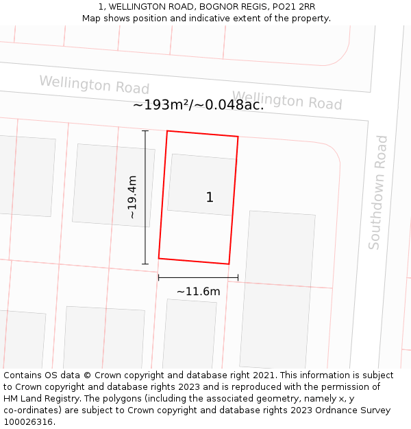 1, WELLINGTON ROAD, BOGNOR REGIS, PO21 2RR: Plot and title map