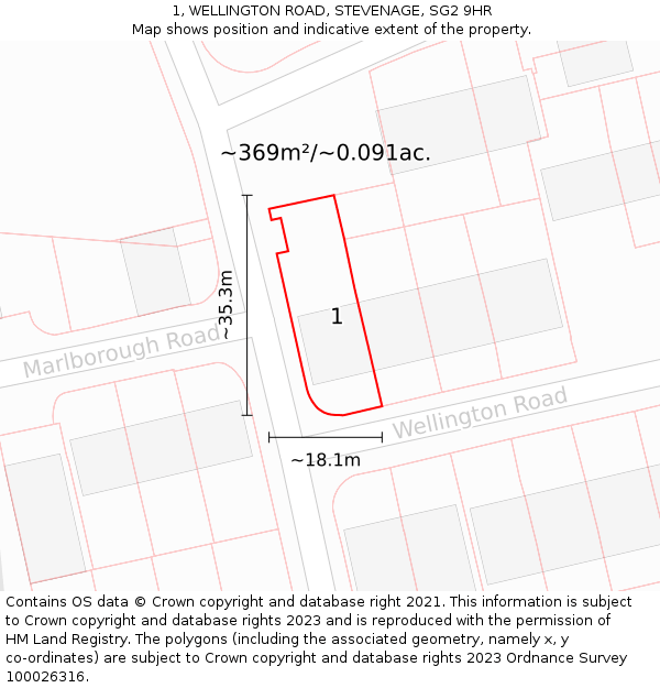 1, WELLINGTON ROAD, STEVENAGE, SG2 9HR: Plot and title map