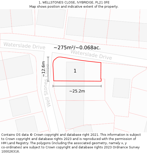 1, WELLSTONES CLOSE, IVYBRIDGE, PL21 0FE: Plot and title map