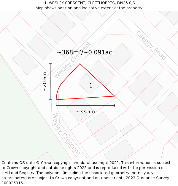 1, WESLEY CRESCENT, CLEETHORPES, DN35 0JS: Plot and title map