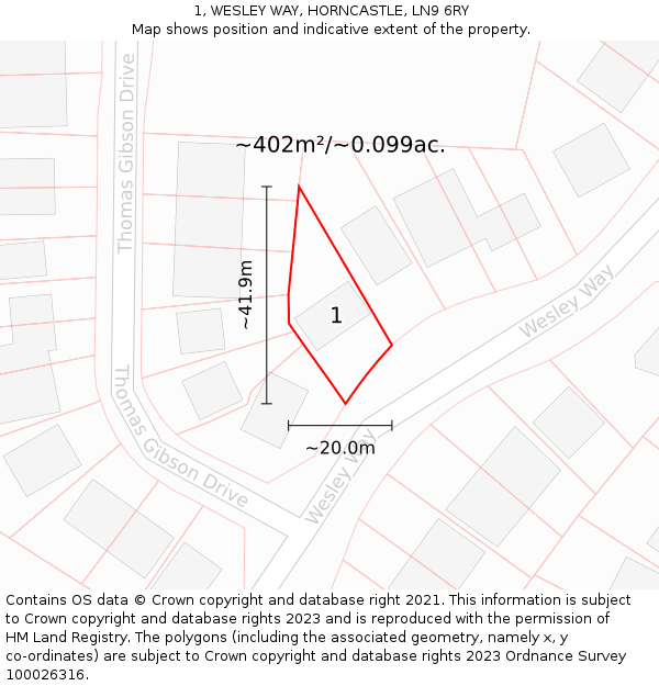 1, WESLEY WAY, HORNCASTLE, LN9 6RY: Plot and title map