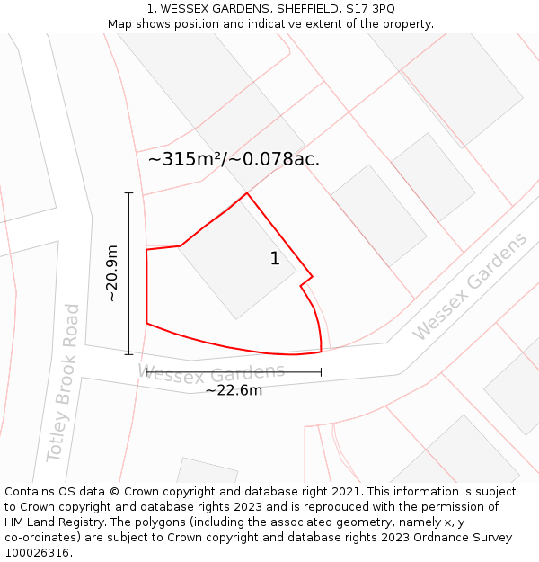 1, WESSEX GARDENS, SHEFFIELD, S17 3PQ: Plot and title map