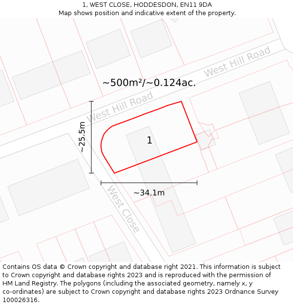 1, WEST CLOSE, HODDESDON, EN11 9DA: Plot and title map