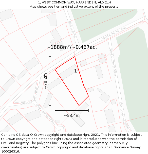 1, WEST COMMON WAY, HARPENDEN, AL5 2LH: Plot and title map